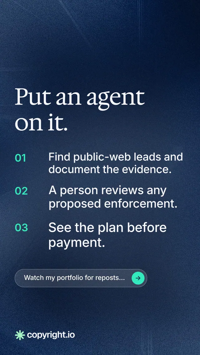 Instagram story for copyright.io: "Put an agent on it." Agentic glass style, numbered layout, dark palette in blue, grey.