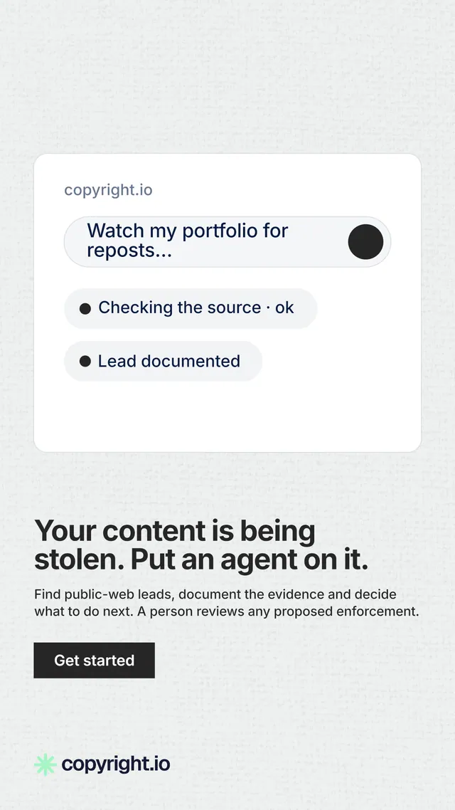 Instagram story for copyright.io: "Your content is being stolen. Put an agent on it." Swiss style, bottom layout, light palette in white, grey.