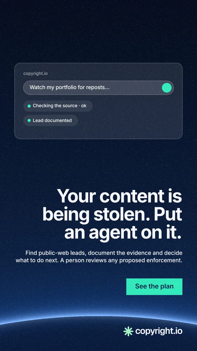 Instagram story for copyright.io: "Your content is being stolen. Put an agent on it." Swiss style, right layout, dark palette in blue, black.