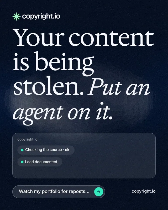 Instagram portrait post for copyright.io: "Your content is being stolen. Put an agent on it." Thermal style, poster layout, dark palette in blue, black, grey.