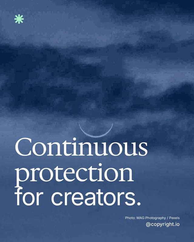 Instagram portrait post for copyright.io: "Continuous protection for creators." Duotone style, technique:pexels ingredient layout, dark palette in blue.