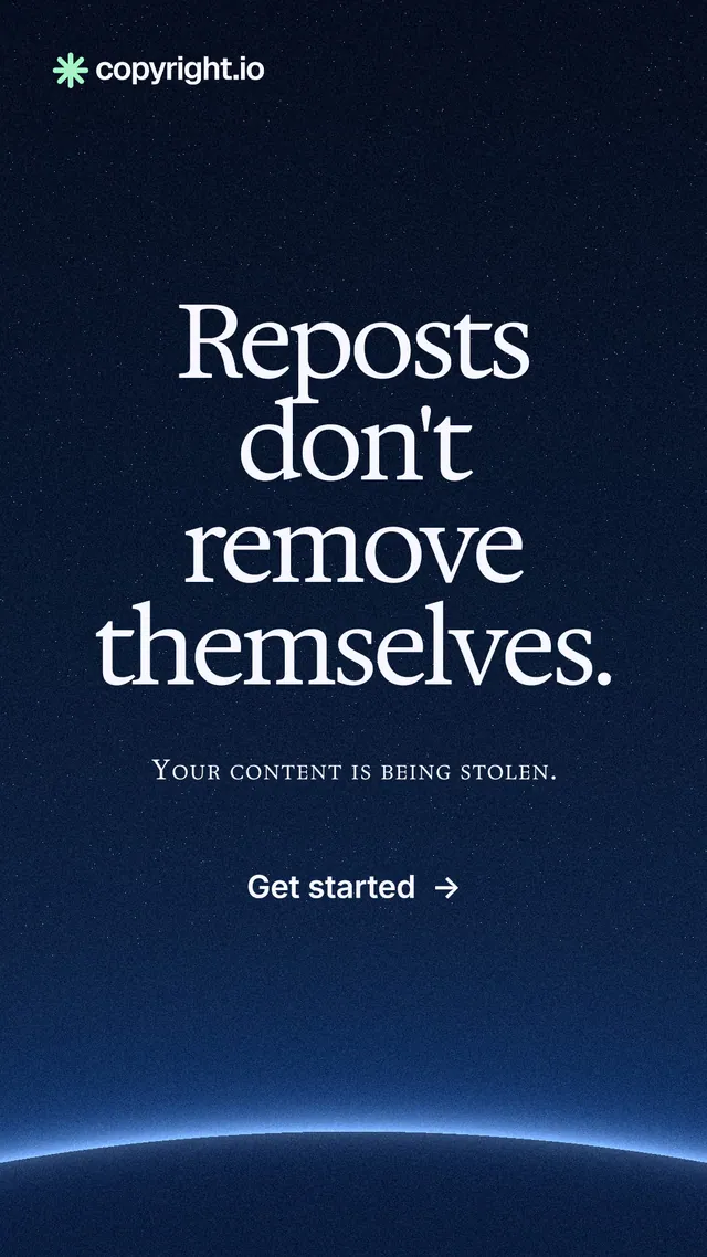 Instagram story for copyright.io: "Reposts don't remove themselves." Swiss style, smallcaps layout, dark palette in blue, black.