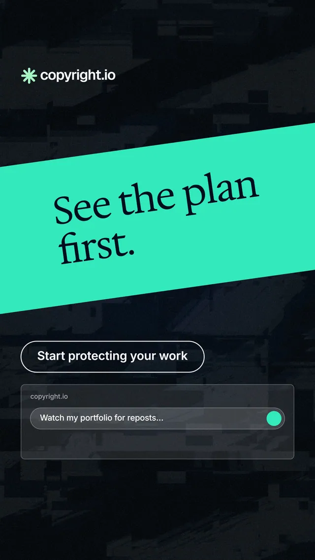 Instagram story for copyright.io: "See the plan first." Phosphor atlas style, diagonal layout, dark palette in black, teal.