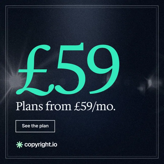 Instagram post for copyright.io: "Your content is being stolen. Put an agent on it." Dark deco style, stat layout, dark palette in black, blue, teal.