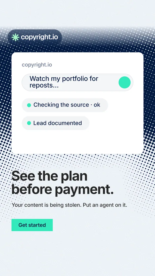 Instagram story for copyright.io: "See the plan before payment." Swiss style, bottom layout, light palette in white, teal, grey.