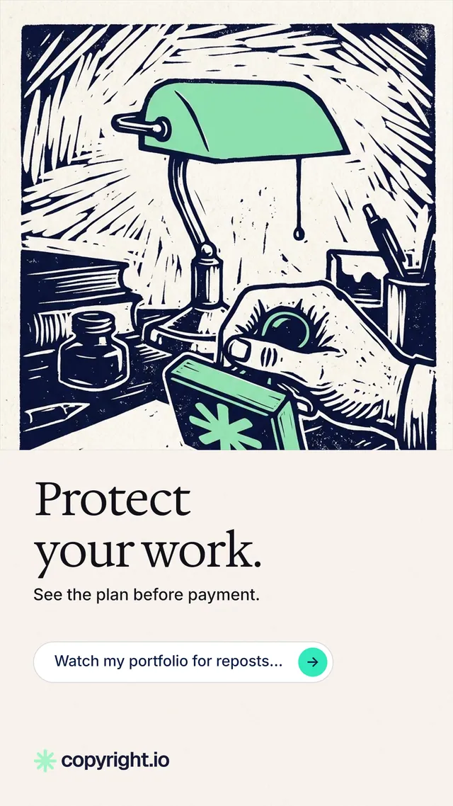Instagram story for copyright.io: "Protect your work." Agentic glass style, bottom layout, light palette in white, grey.