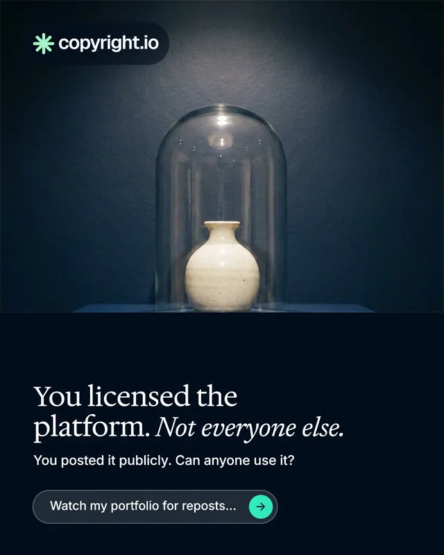 Instagram portrait post for copyright.io: "You licensed the platform. Not everyone else." Agentic glass style, bottom layout, dark palette in blue, black, grey.