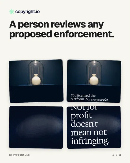 Carousel for copyright.io: "A person reviews any proposed enforcement.". Collection carousel, 8 slides, light palette.