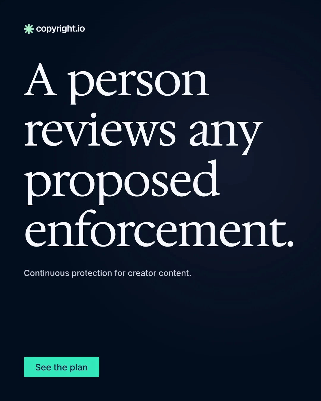 Video for copyright.io: "A person reviews any proposed enforcement.". Doc motion loop, 8.0 s, dark palette.