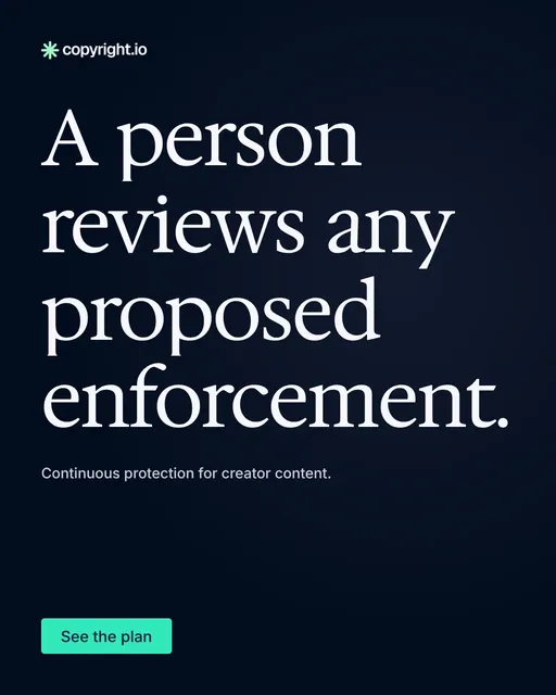 Video for copyright.io: "A person reviews any proposed enforcement.". Doc motion loop, 8.0 s, dark palette.
