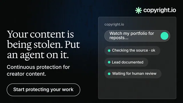 Landscape graphic for copyright.io: "Your content is being stolen. Put an agent on it." Phosphor atlas style, bottom layout, dark palette in black, grey.