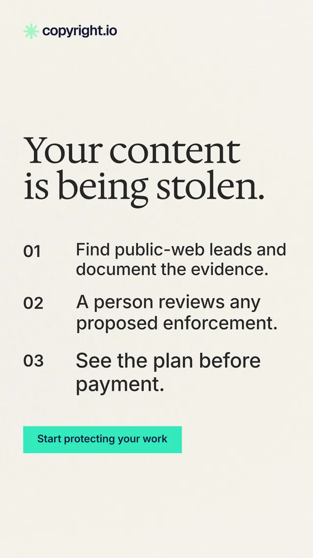 Instagram story for copyright.io: "Your content is being stolen." Swiss style, numbered layout, light palette in white, grey, green.