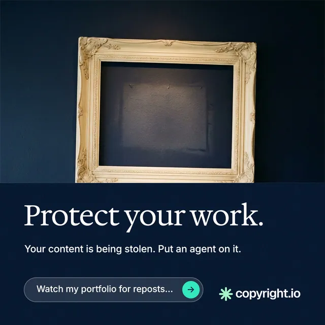 Instagram post for copyright.io: "Protect your work." Agentic glass style, bottom layout, dark palette in black, blue, grey.