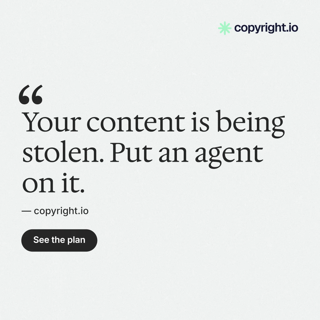 Instagram post for copyright.io: "Your content is being stolen. Put an agent on it." Data card style, quote layout, light palette in white, grey.