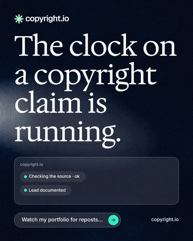 Instagram portrait post for copyright.io: "The clock on a copyright claim is running." Thermal style, poster layout, dark palette in blue, black, grey.