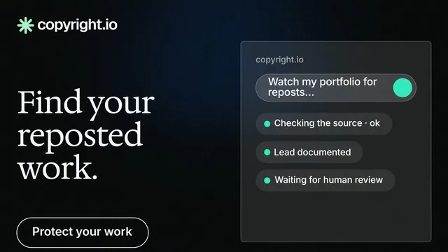 Landscape graphic for copyright.io: "Find your reposted work." Phosphor atlas style, bottom layout, dark palette in black, grey.
