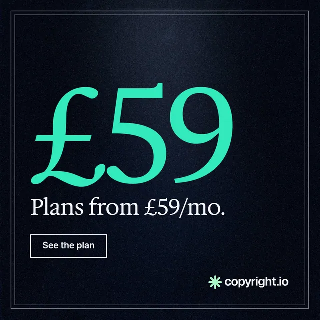 Instagram post for copyright.io: "Choose your scope first. See the plan before payment." Dark deco style, stat layout, dark palette in black, blue, teal.