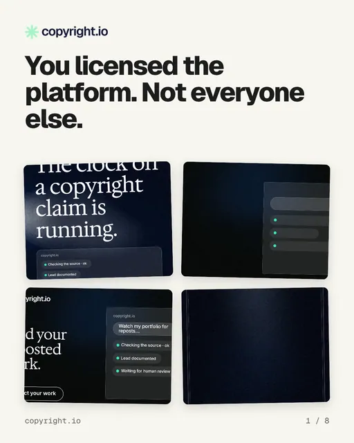 Carousel for copyright.io: "You licensed the platform. Not everyone else.". Collection carousel, 8 slides, light palette.