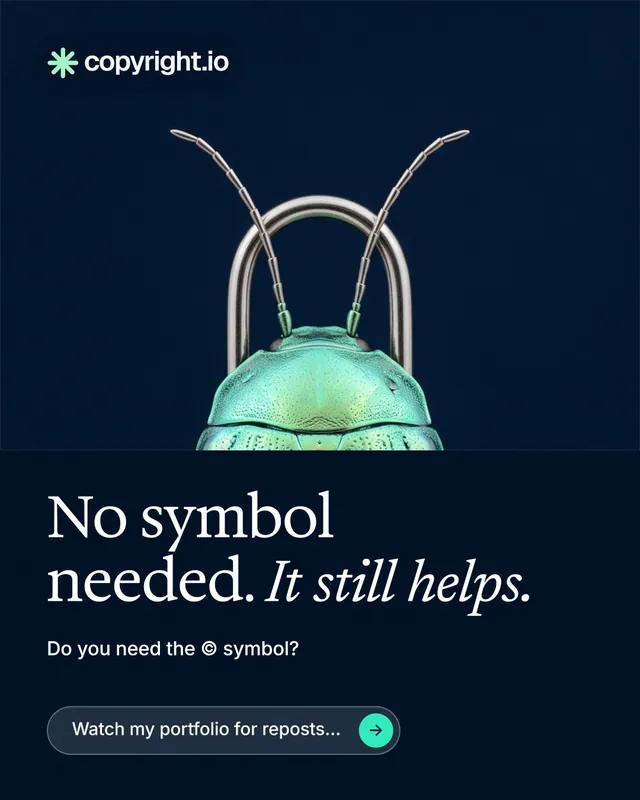 Instagram portrait post for copyright.io: "No symbol needed. It still helps." Agentic glass style, bottom layout, dark palette in black, blue.