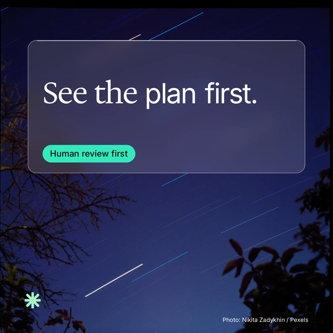 Instagram post for copyright.io: "See the plan first." Glass style, technique:pexels ingredient layout, dark palette in blue, black.
