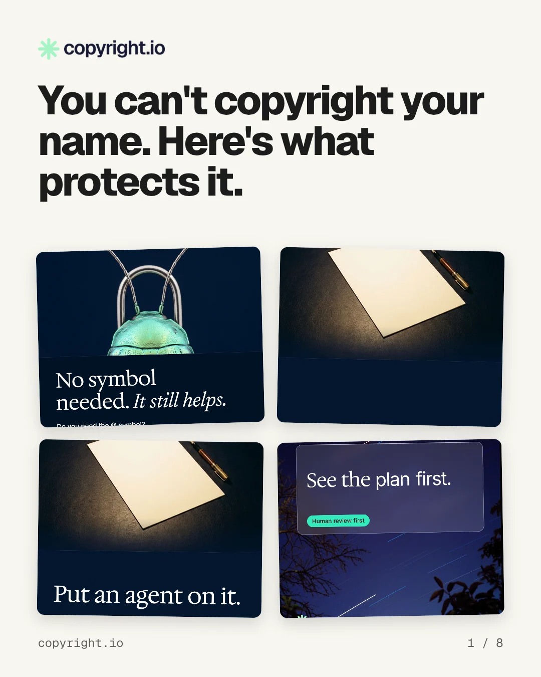 Carousel for copyright.io: "You can't copyright your name. Here's what protects it.". Collection carousel, 8 slides, light palette.