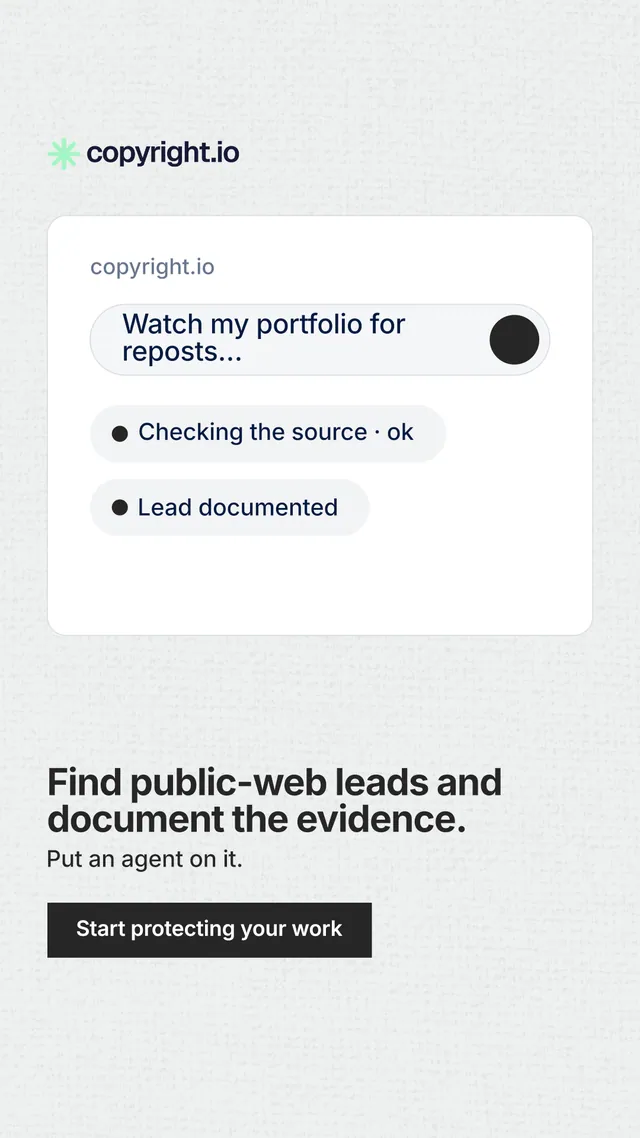 Instagram story for copyright.io: "Find public-web leads and document the evidence." Swiss style, bottom layout, light palette in white, grey.