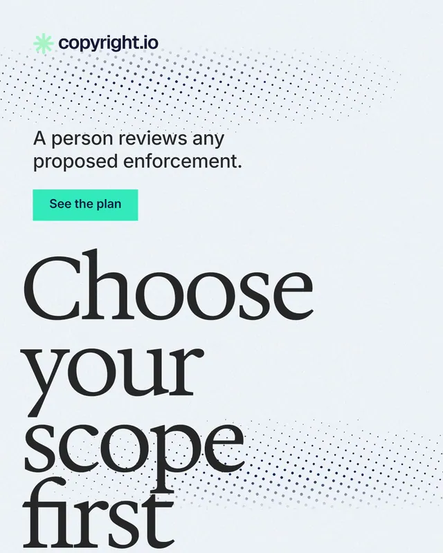 Instagram portrait post for copyright.io: "Choose your scope first." Swiss style, oversized layout, light palette in white, grey.