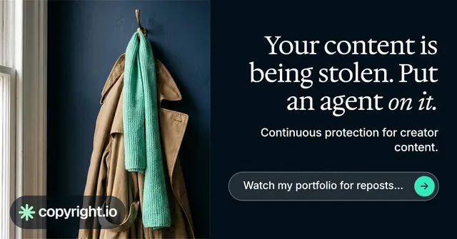 Social ad for copyright.io: "Your content is being stolen. Put an agent on it." Agentic glass style, right layout, dark palette in black, grey.