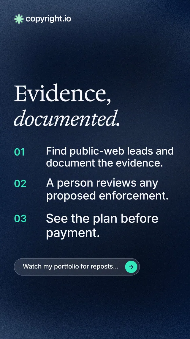 Instagram story for copyright.io: "Evidence, documented." Agentic glass style, numbered layout, dark palette in blue, black, grey.