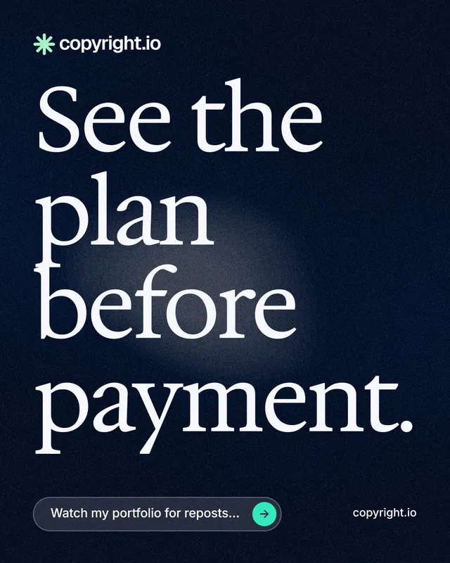 Instagram portrait post for copyright.io: "See the plan before payment." Thermal style, poster layout, dark palette in black, grey.