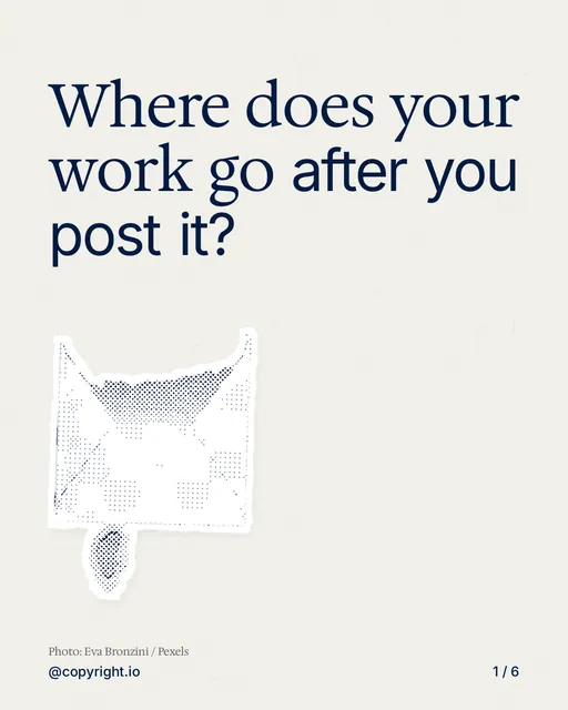 Carousel for copyright.io: "Where does your work go after you post it?". Cutout essay, 6 slides, light palette.