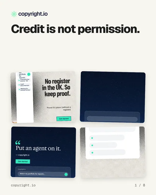Carousel for copyright.io: "Credit is not permission.". Collection carousel, 8 slides, light palette.