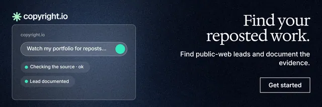 X header for copyright.io: "Find your reposted work." Dark deco style, right layout, dark palette in black, blue, grey.