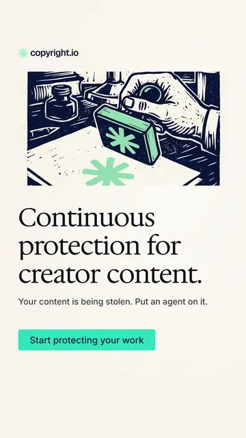 Video for copyright.io: "Continuous protection for creator content.". Doc motion loop, 8.0 s, light palette.