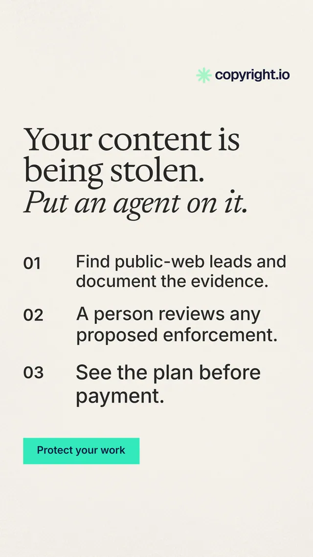 Instagram story for copyright.io: "Your content is being stolen. Put an agent on it." Swiss style, numbered layout, light palette in white, grey, green.