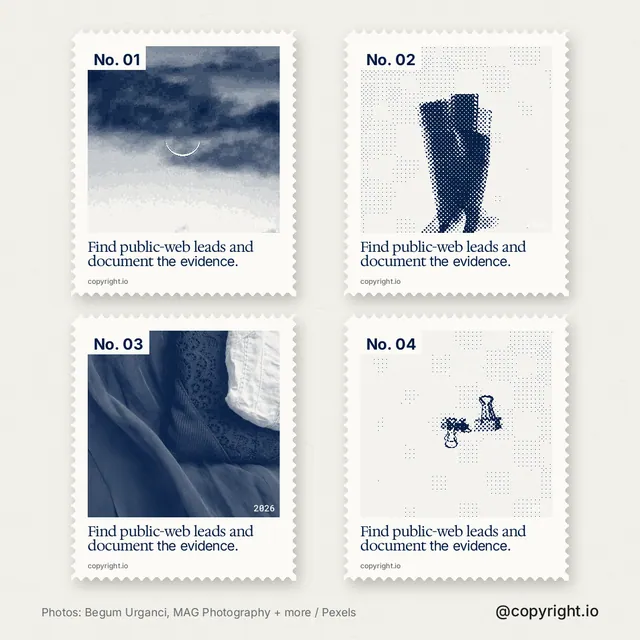Instagram post for copyright.io: "Find public-web leads and document the evidence." Sheet style, technique:stamp series layout, light palette in white, grey.