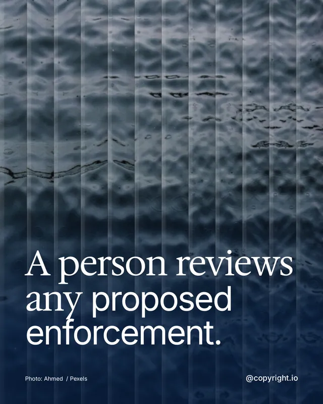 Instagram portrait post for copyright.io: "A person reviews any proposed enforcement." Photo style, technique:fluted glass layout, dark palette in grey, blue.