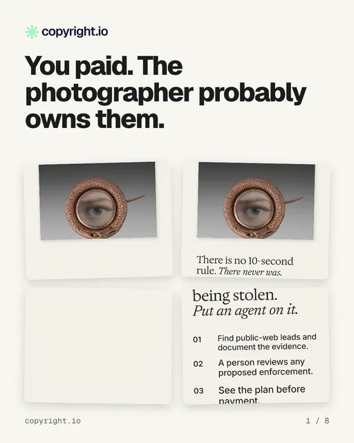 Carousel for copyright.io: "You paid. The photographer probably owns them.". Collection carousel, 8 slides, light palette.