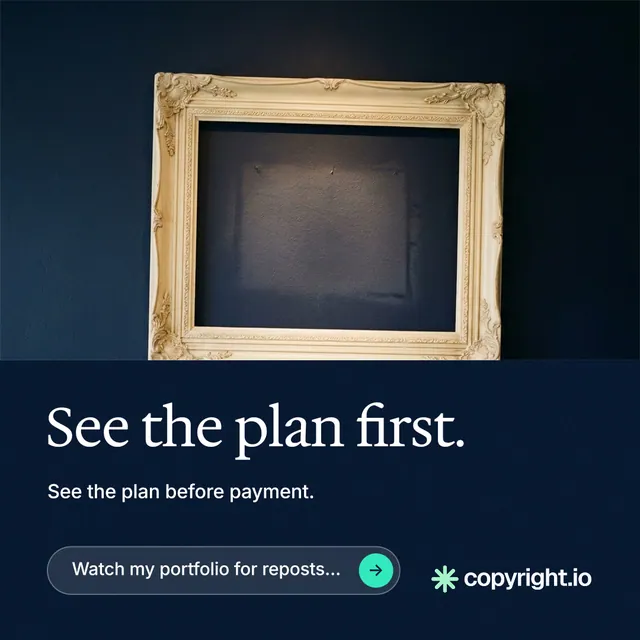 Instagram post for copyright.io: "See the plan first." Agentic glass style, bottom layout, dark palette in black, blue, grey.