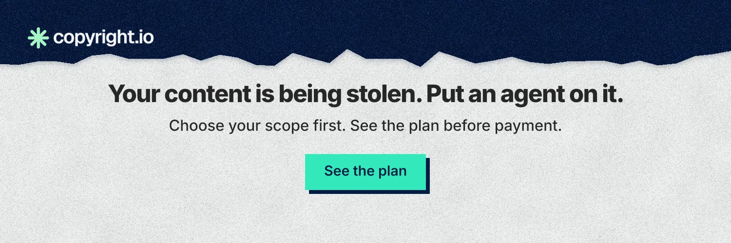 X header for copyright.io: "Your content is being stolen. Put an agent on it." Paper trio style, centred layout, light palette in white, blue, grey.