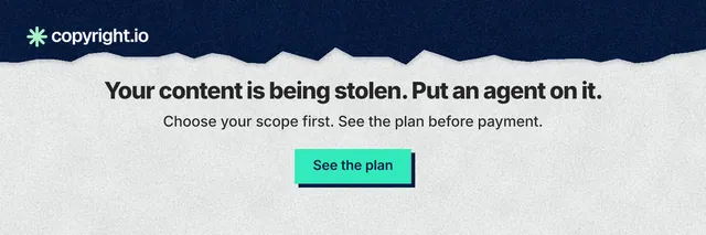 X header for copyright.io: "Your content is being stolen. Put an agent on it." Paper trio style, centred layout, light palette in white, blue, grey.