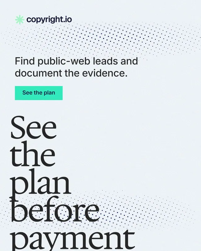 Instagram portrait post for copyright.io: "See the plan before payment." Swiss style, oversized layout, light palette in white, grey.