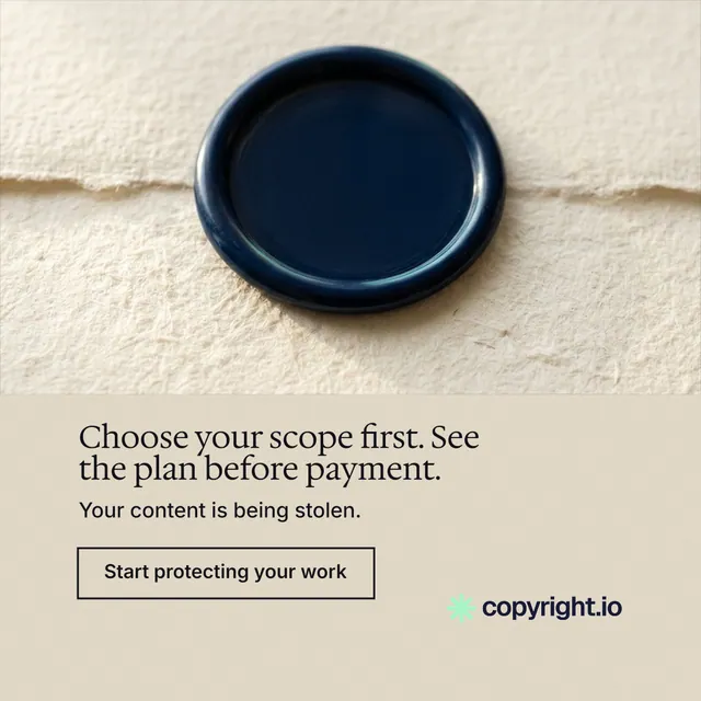 Instagram post for copyright.io: "Choose your scope first. See the plan before payment." Editorial style, bottom layout, light palette in orange, yellow, grey.