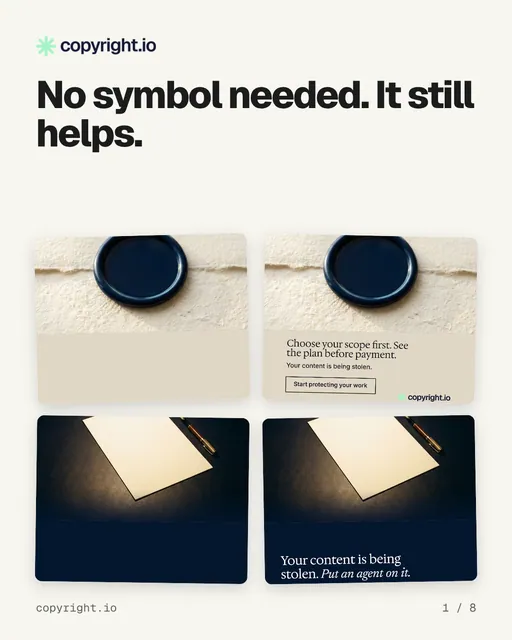Carousel for copyright.io: "No symbol needed. It still helps.". Collection carousel, 8 slides, light palette.