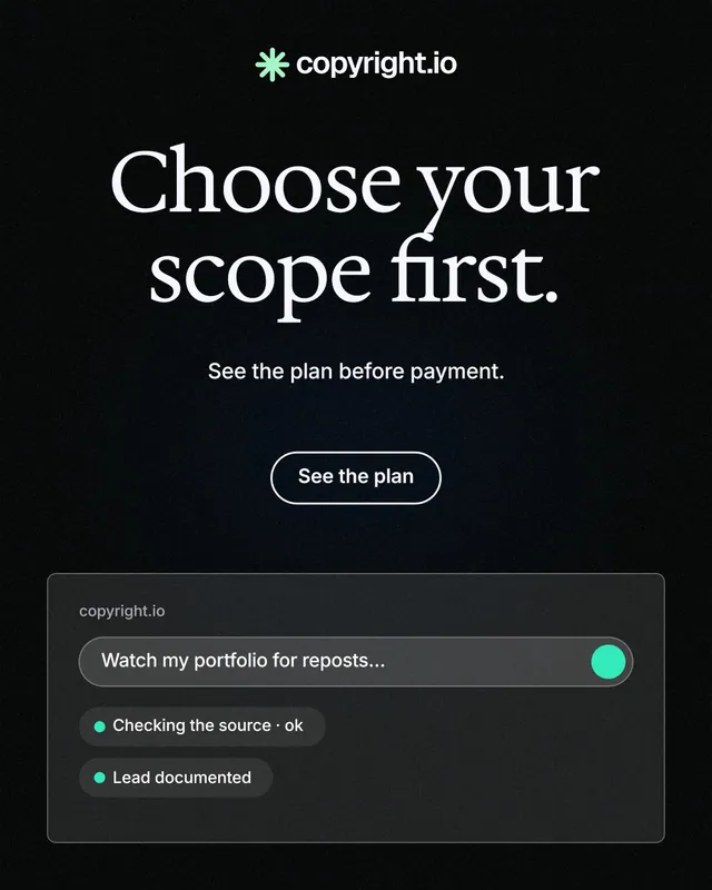 Instagram portrait post for copyright.io: "Choose your scope first." Phosphor atlas style, centred layout, dark palette in black.