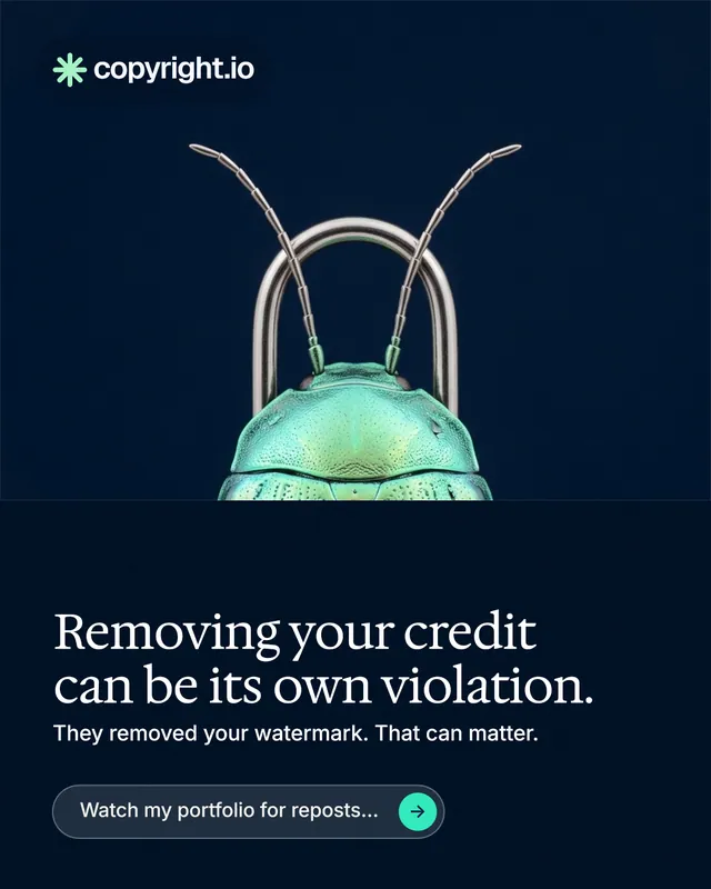 Instagram portrait post for copyright.io: "Removing your credit can be its own violation." Agentic glass style, bottom layout, dark palette in black, blue.