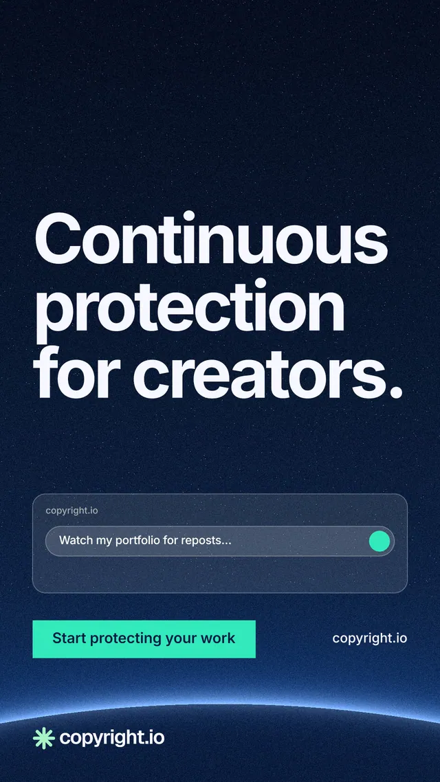 Instagram story for copyright.io: "Continuous protection for creators." Swiss style, poster layout, dark palette in black, blue, teal.