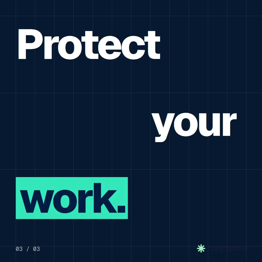 Video for copyright.io: "Protect your work.". Kinetic type grid, 6.0 s, dark palette.