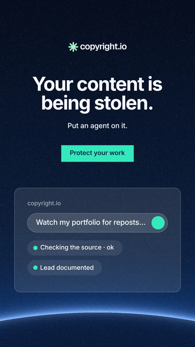 Instagram story for copyright.io: "Your content is being stolen." Swiss style, centred layout, dark palette in black, blue.