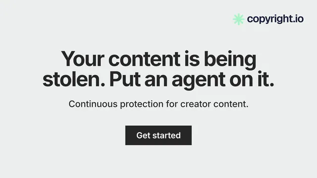 Landscape graphic for copyright.io: "Your content is being stolen. Put an agent on it." Swiss style, centred layout, light palette in white, grey.